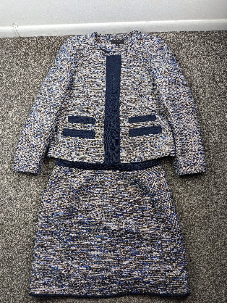 J Crew Skirt Suit Set Metallic Tweed Grosgrain Trim Sz 12 Jacket Sz 10 Skirt